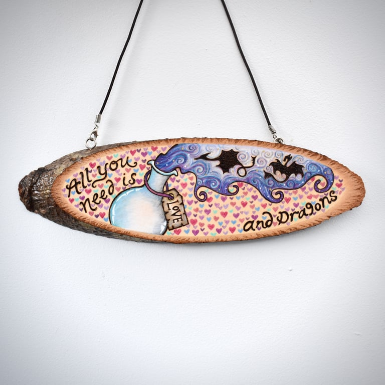 Pyrography dragon potion hanging plaque. Original artwork, dragons.