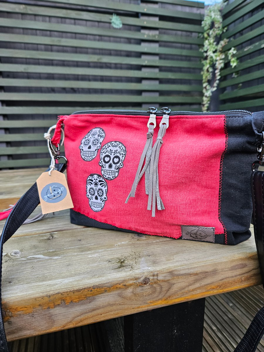 Rock Style Black and Red Upcycled Jeans Bag with Sugar Skull Lining
