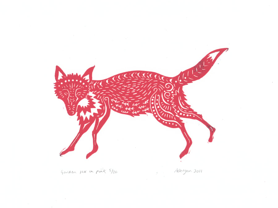 Original lino cut print "Garden Fox in Pink"