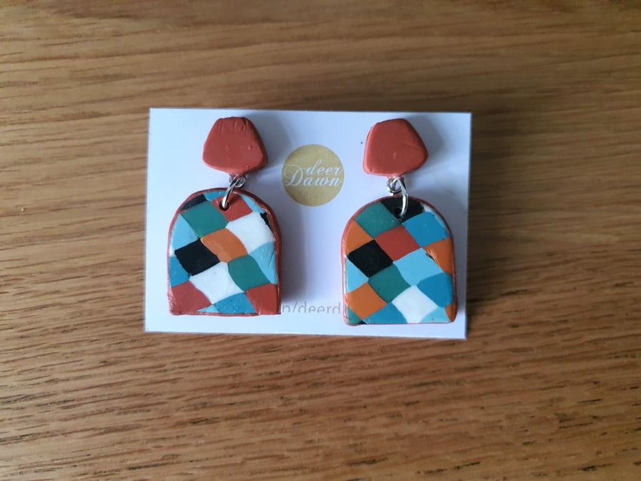 Harlequin Style Terracotta Stud and Drop Earrings