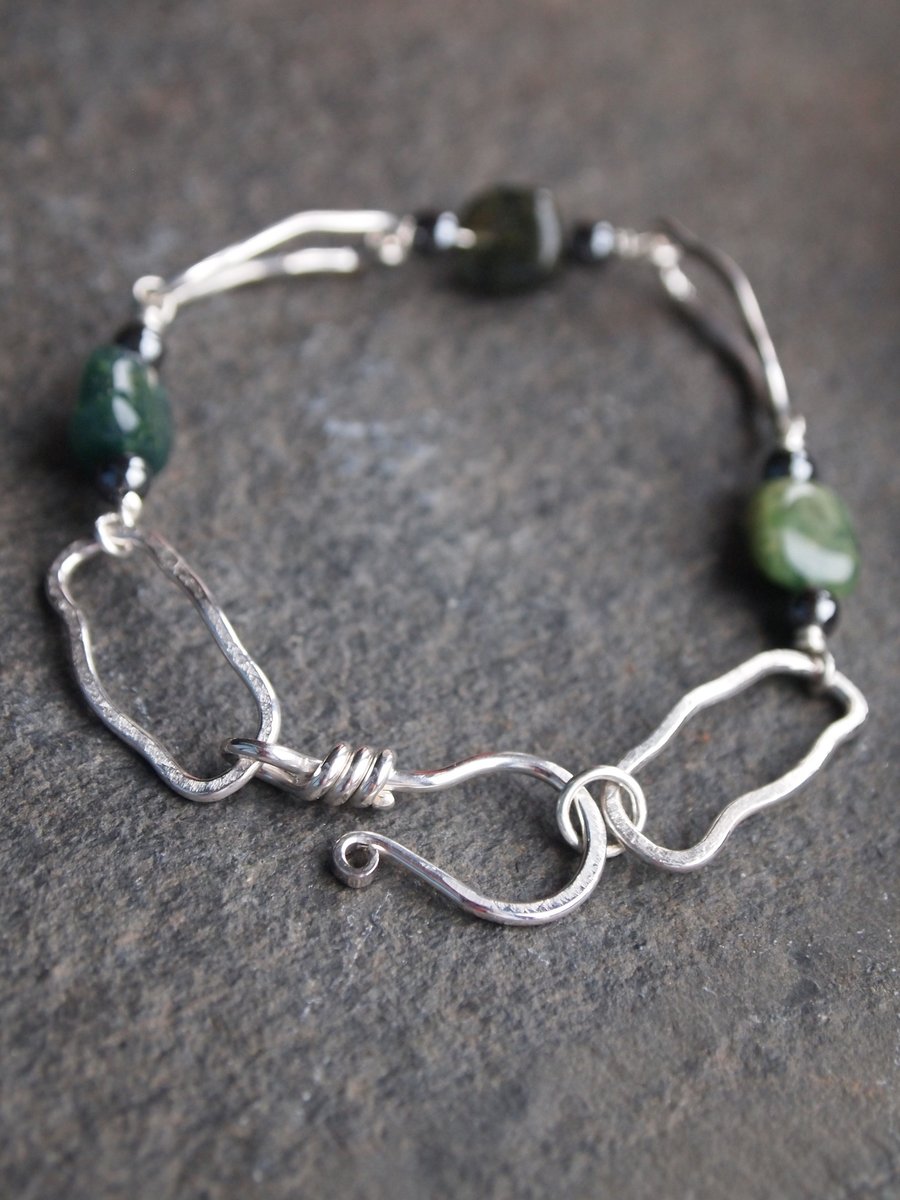 Sterling Silver Bracelet with Green Moss Agate - Folksy