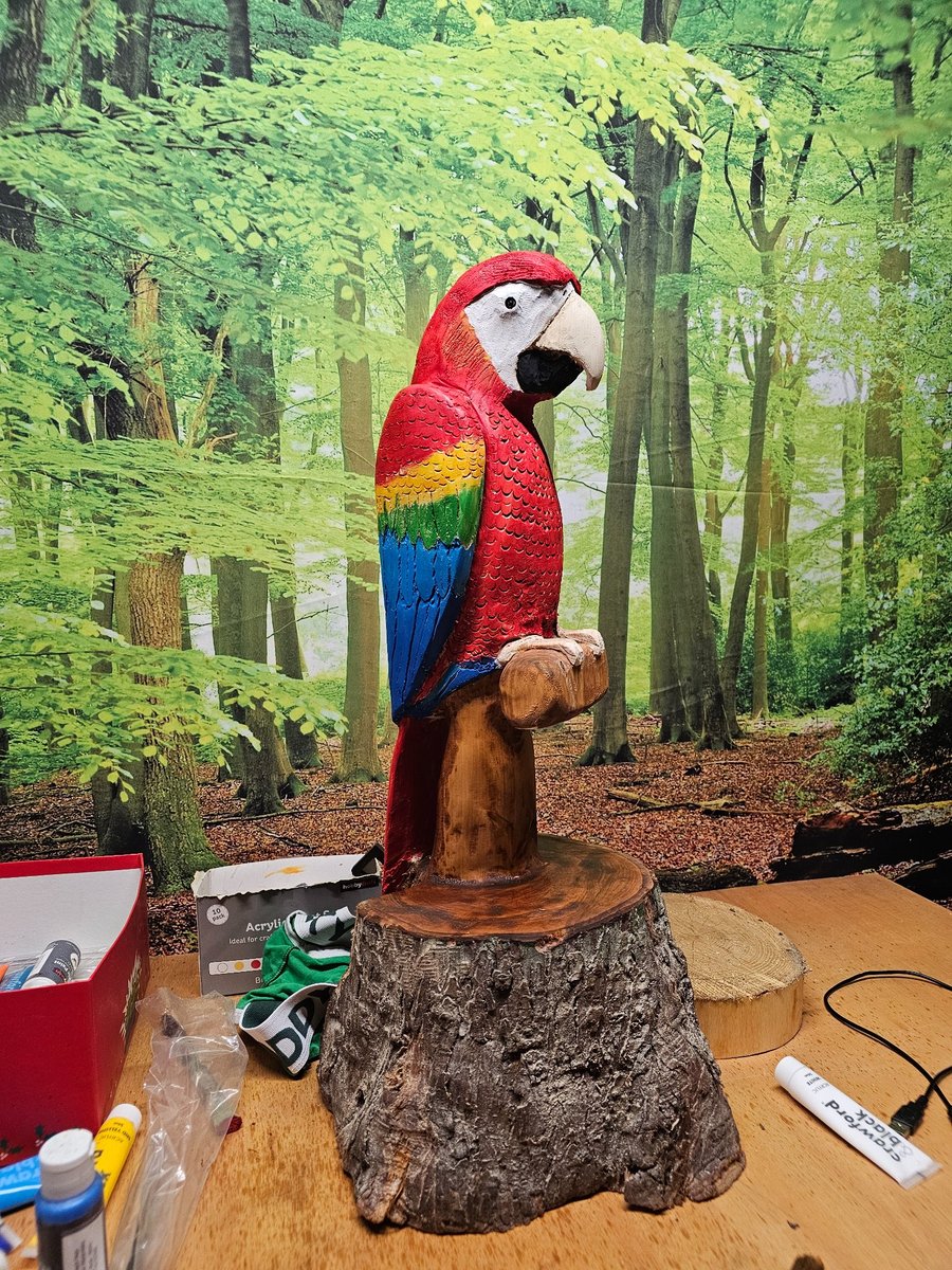 Hand Carved Wooden Parrot Sculpture - Large Tropical Bird - Handmade UK