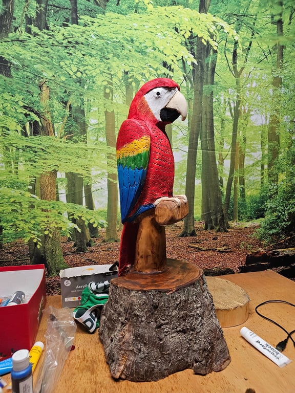 Hand Carved Wooden Parrot Sculpture - Large Tropical Bird - Handmade UK