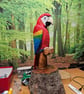 Hand Carved Wooden Parrot Sculpture - Large Tropical Bird - Handmade UK
