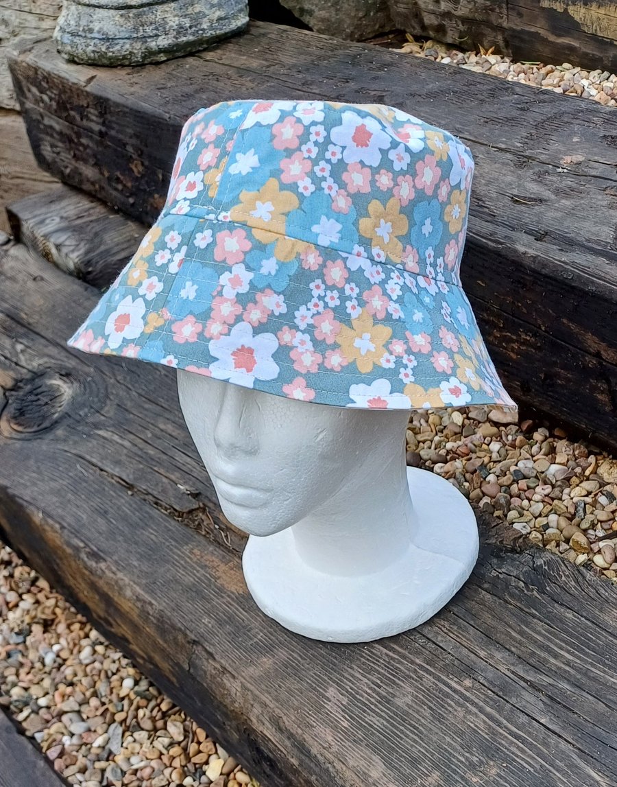 Bucket hat sage floral upcycled sun hat adult bucket hat reversable festival hat