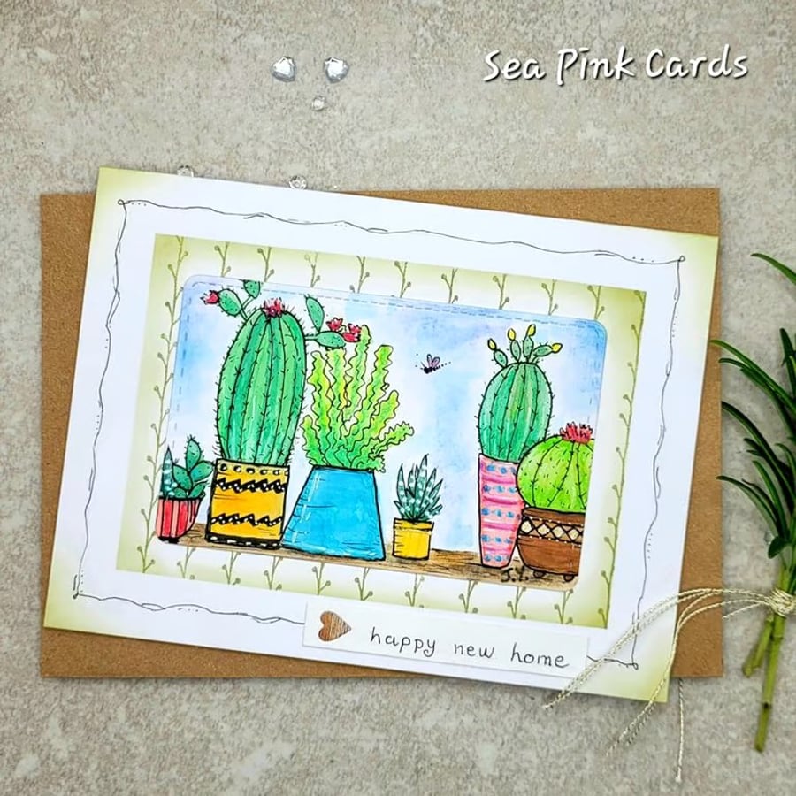  New Home Card - original handpainted card, cacti, plants, pots