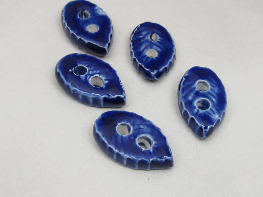 5 Small Leaf Shaped Cobalt Blue Ceramic Buttons