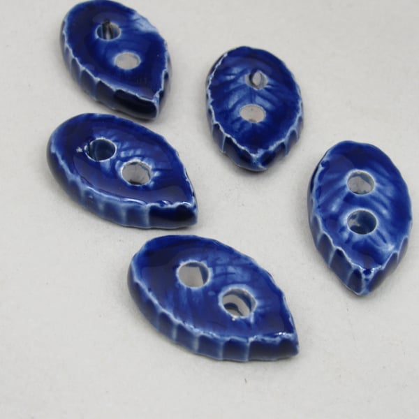 5 Small Leaf Shaped Cobalt Blue Ceramic Buttons