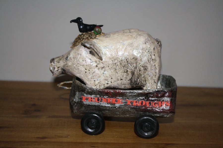 HAND MADE UNIQUE PAPER MACHE PIG IN TROUGH ON WHEELS, FOLK ART INSPIRED GIFT