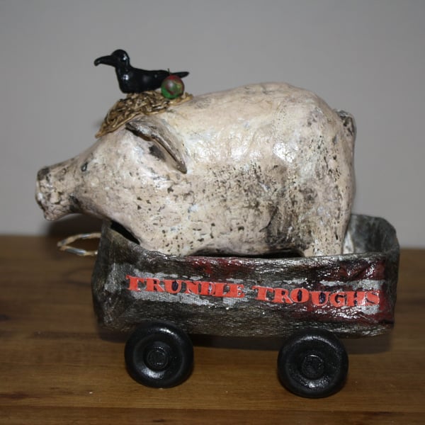 HAND MADE UNIQUE PAPER MACHE PIG IN TROUGH ON WHEELS, FOLK ART INSPIRED GIFT