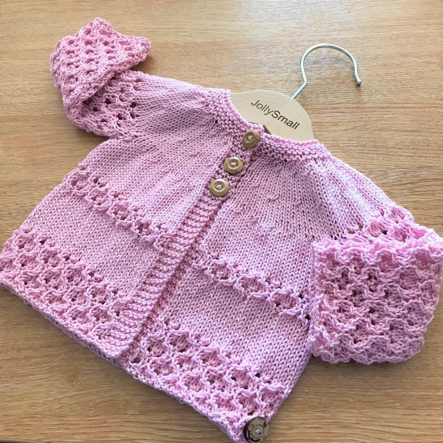 Baby Girl's hand knitted cardigan in pink -0 - 3 months approx