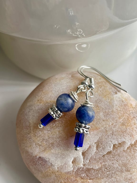 Natural Sodalite and Deep Blue Austria Crystal Drop Earrings