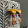 Rustic Yellow Czech Glass Bird Earrings. Autumn Earrings with Copper Leaf Charms