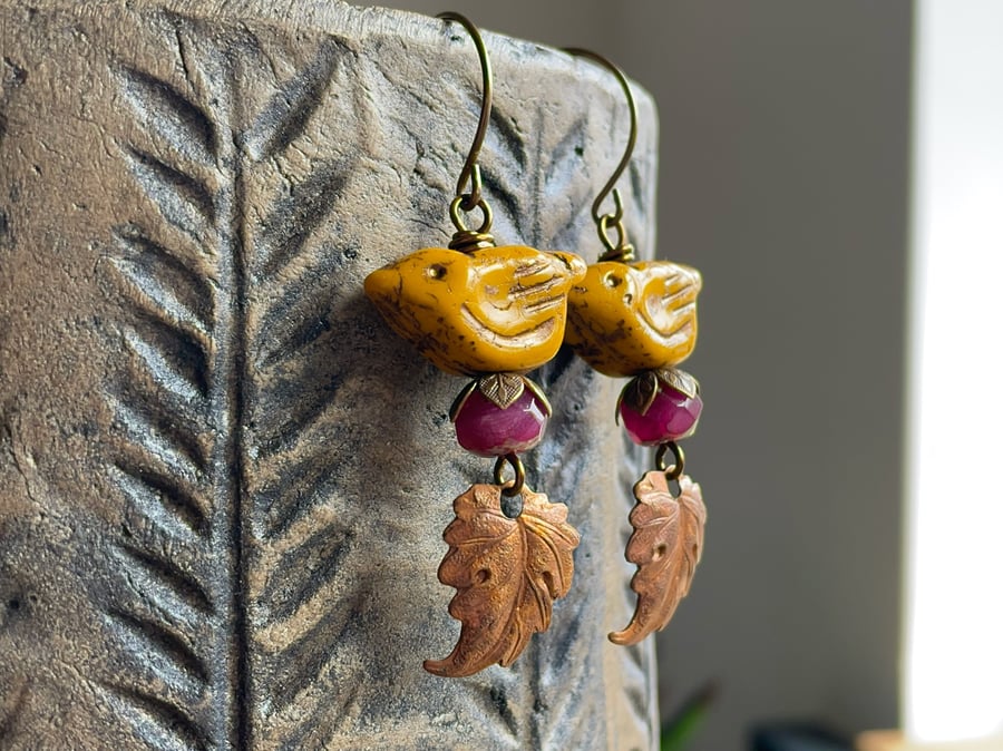Rustic Yellow Czech Glass Bird Earrings. Autumn Earrings with Copper Leaf Charms