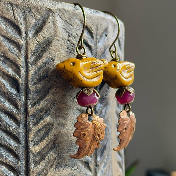 Rustic Yellow Czech Glass Bird Earrings. Autumn Earrings with Copper Leaf Charms