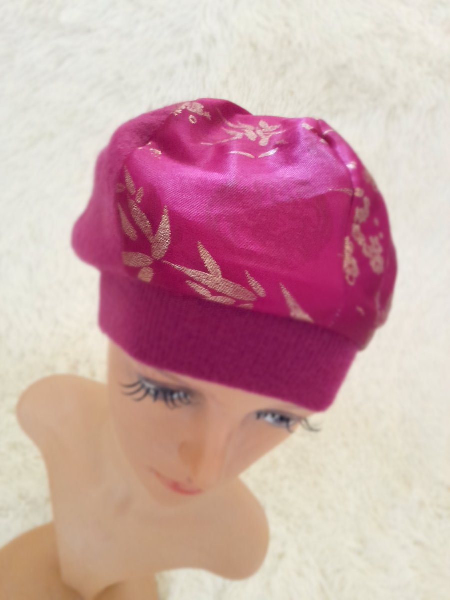 Magenta Pink Gold Brocade Oriental Merino Wool Beanie Beret Upcycled Hat