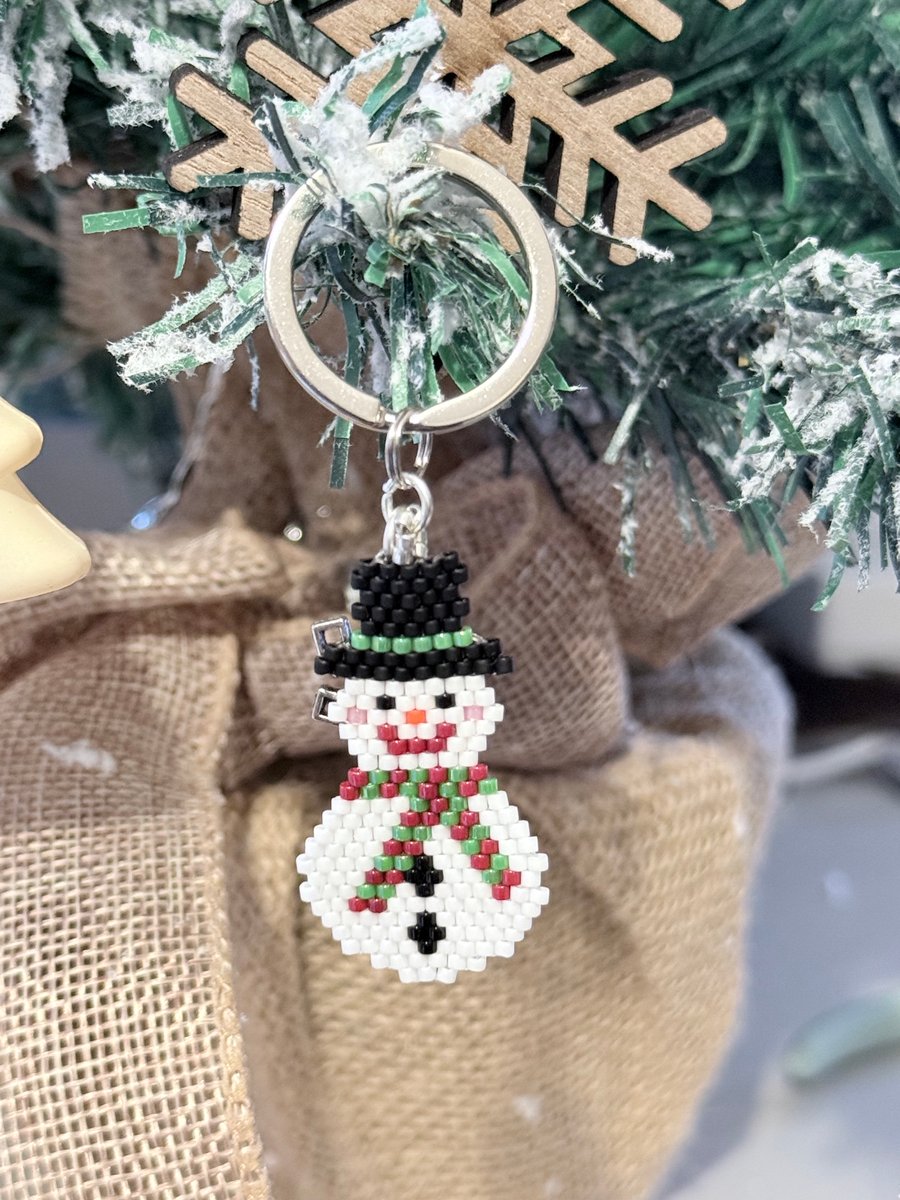 Handmade Christmas snowman beadwork keyring