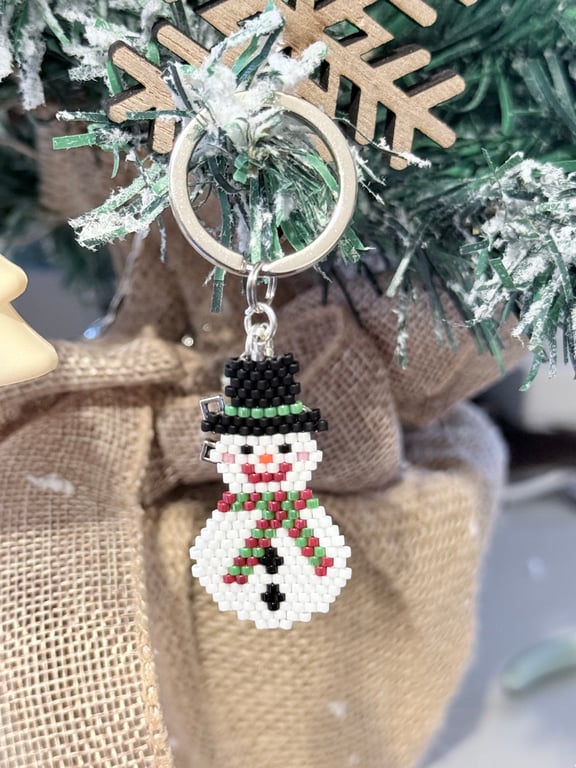 Handmade Christmas snowman beadwork keyring