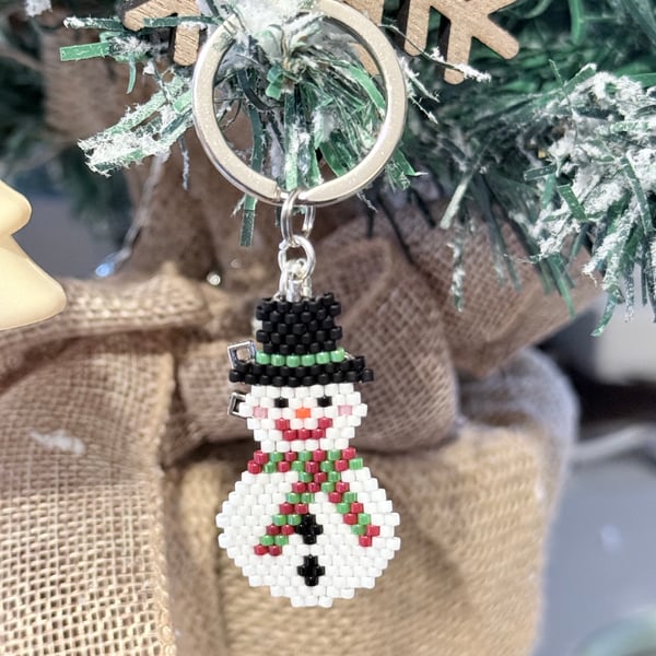 Handmade Christmas snowman beadwork keyring