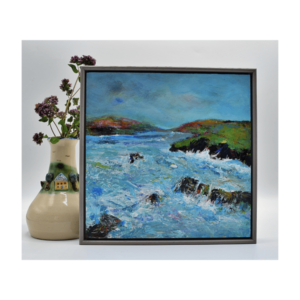 A Framed Acrylic Painting of Rough Seas on a Scottish Coast.