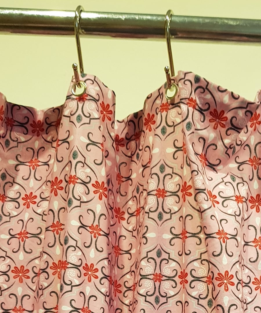 Pink Retro Print Organic Cotton Shower Curtain, washable