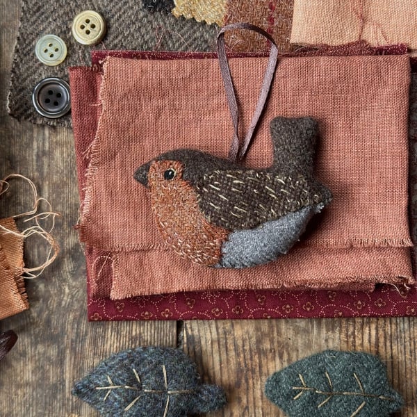 Embroidered Robin Christmas Decoration - British Wool