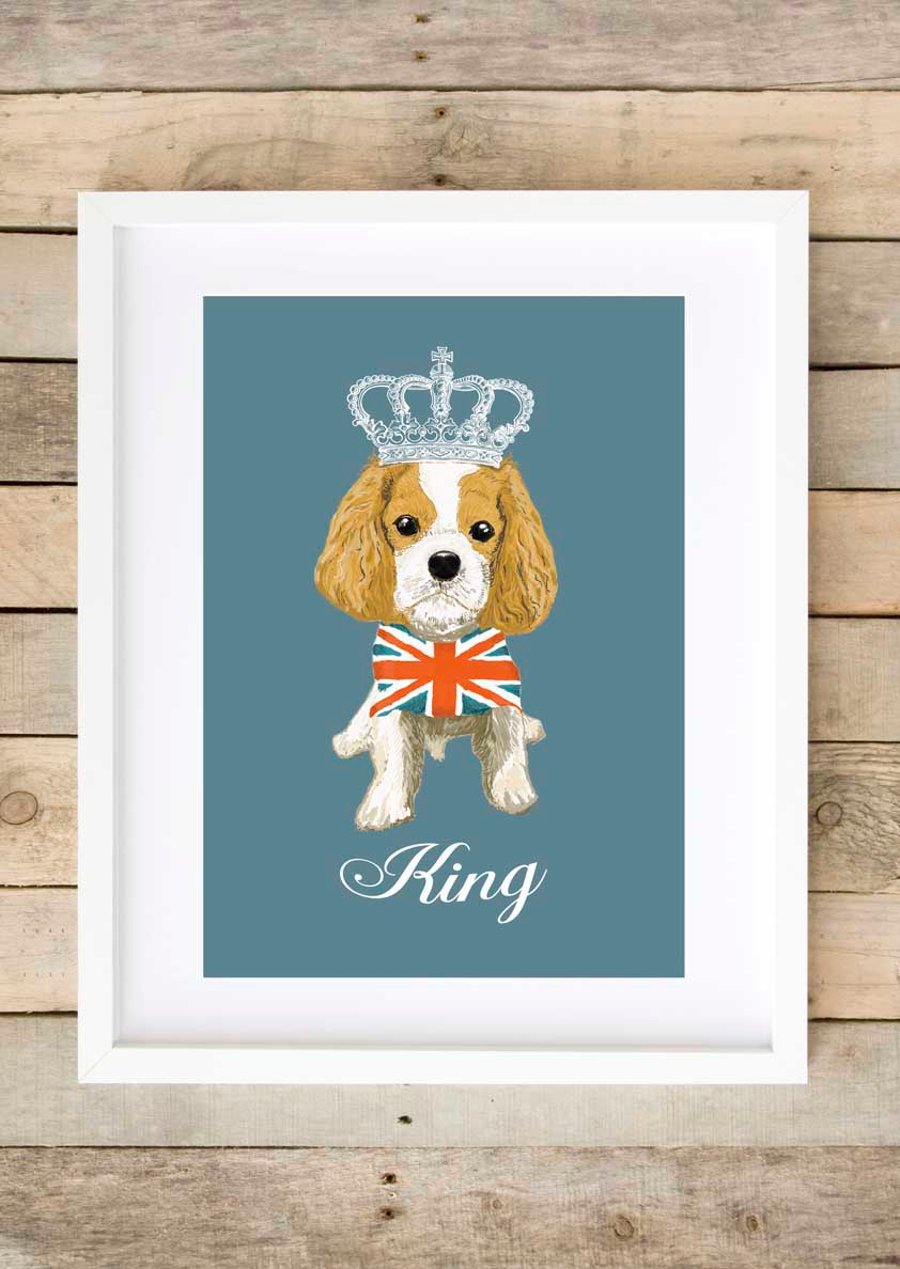 A4 'Dog Royalty' Union Jack King Charles Cavalier Giclee Print