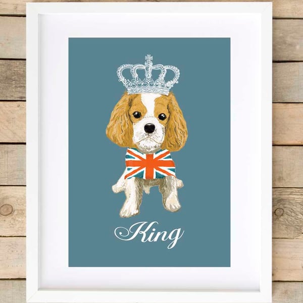 A4 'Dog Royalty' Union Jack King Charles Cavalier Giclee Print