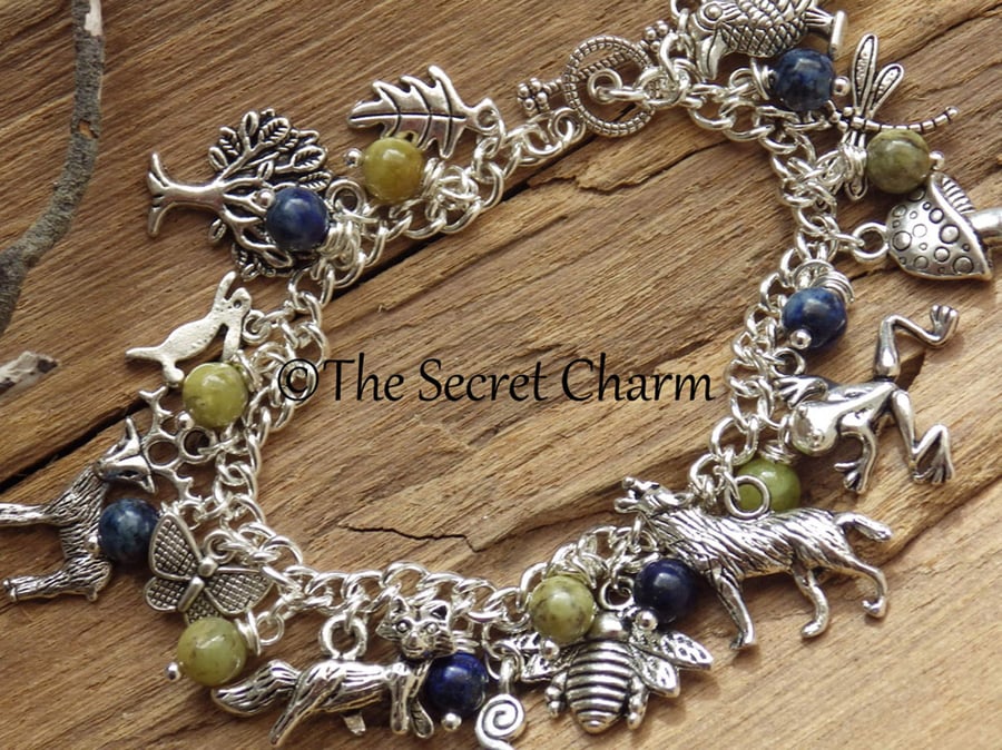 Spirits Of The Forest Charm Bracelet, Lapis Lazuli & Peridot Gemstones