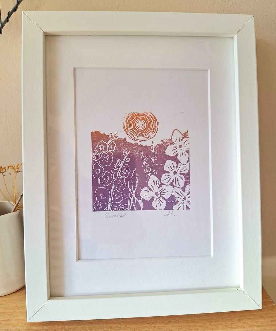 An original handprinted linoprint of a floral summer scene. 'Summer'.