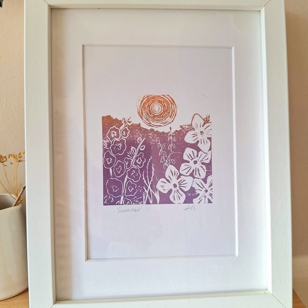 An original handprinted linoprint of a floral summer scene. 'Summer'.