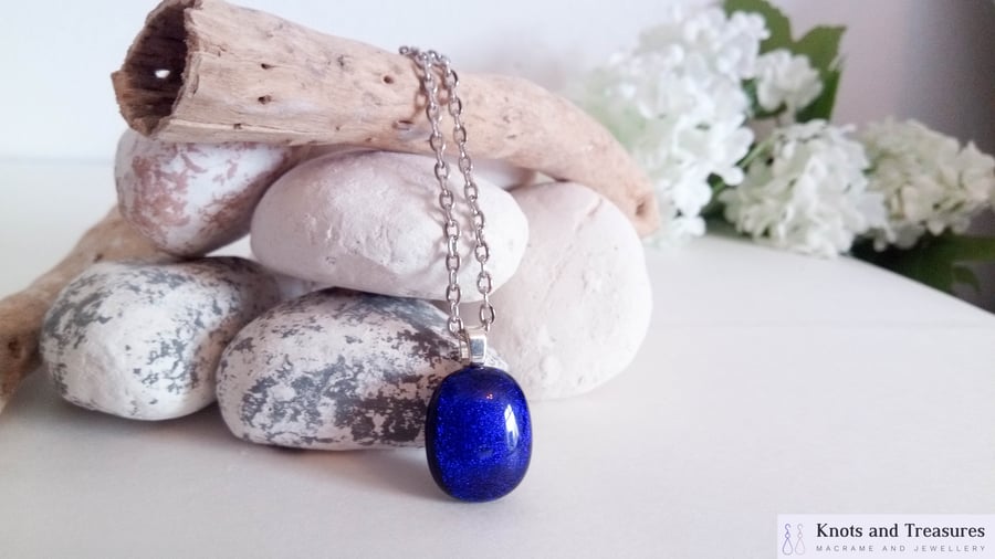Blue Dichroic Glass Pendant Necklace