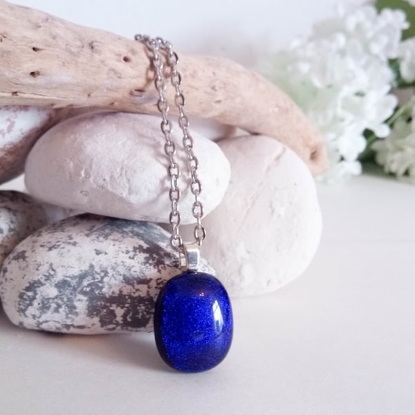Blue Dichroic Glass Pendant Necklace