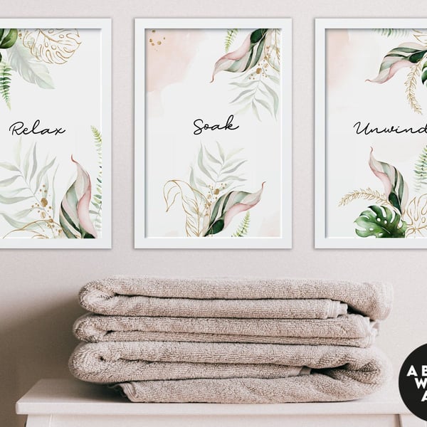 Women Bathroom Art Prints, Plant Prints, Relax Sign Bathroom, Spa Bathroom Decor