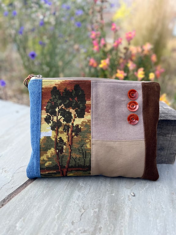 Lone Tree tapestry large soft pouch with reclaimed denim & floral lining