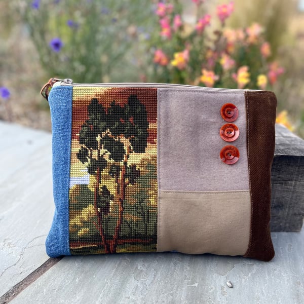 Lone Tree tapestry large soft pouch with reclaimed denim & floral lining