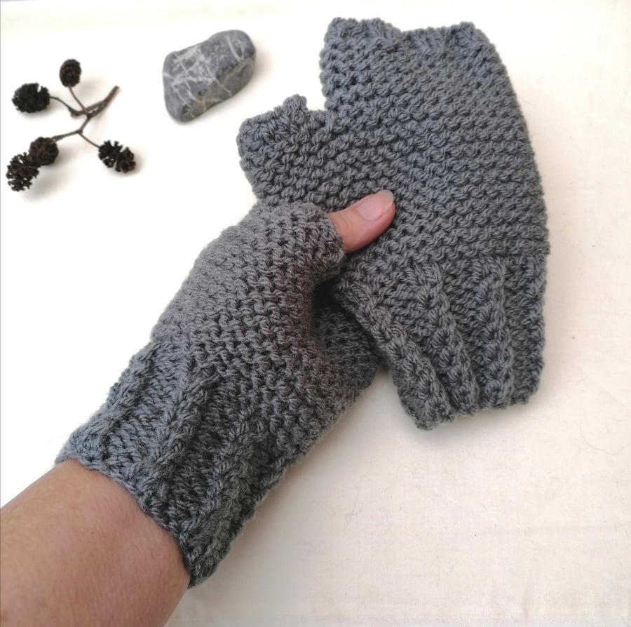 Hand Knit Grey Fingerless Gloves 