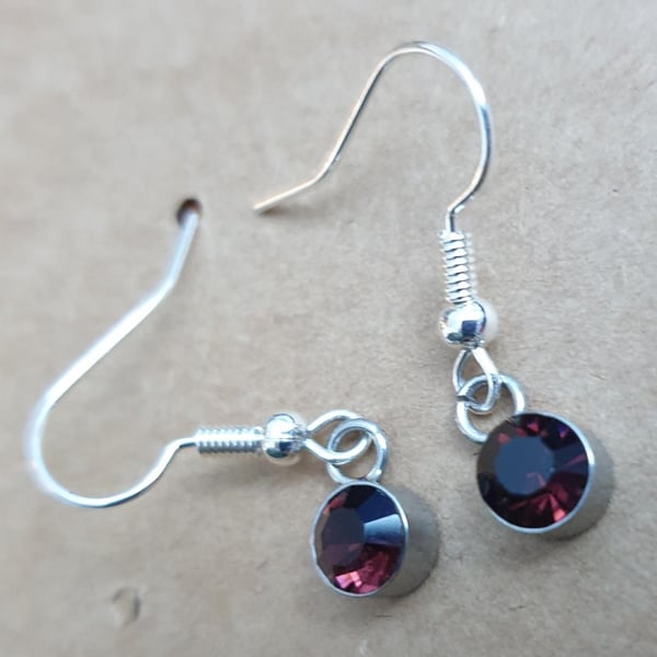 purple wine coloured glass earrings silver plate set on silver plate earrings