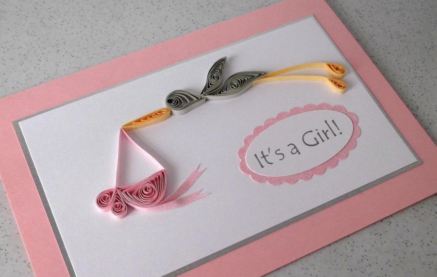 New baby girl birth congratulations card with quilled stork in pink 