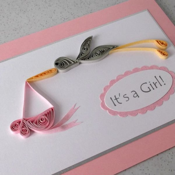 New baby girl birth congratulations card with quilled stork in pink 