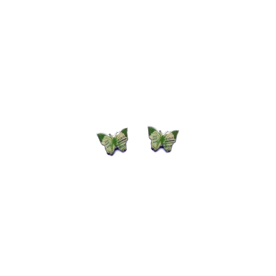Green Literary Butterfly Ear Studs resin Jewellery by EllyMental 