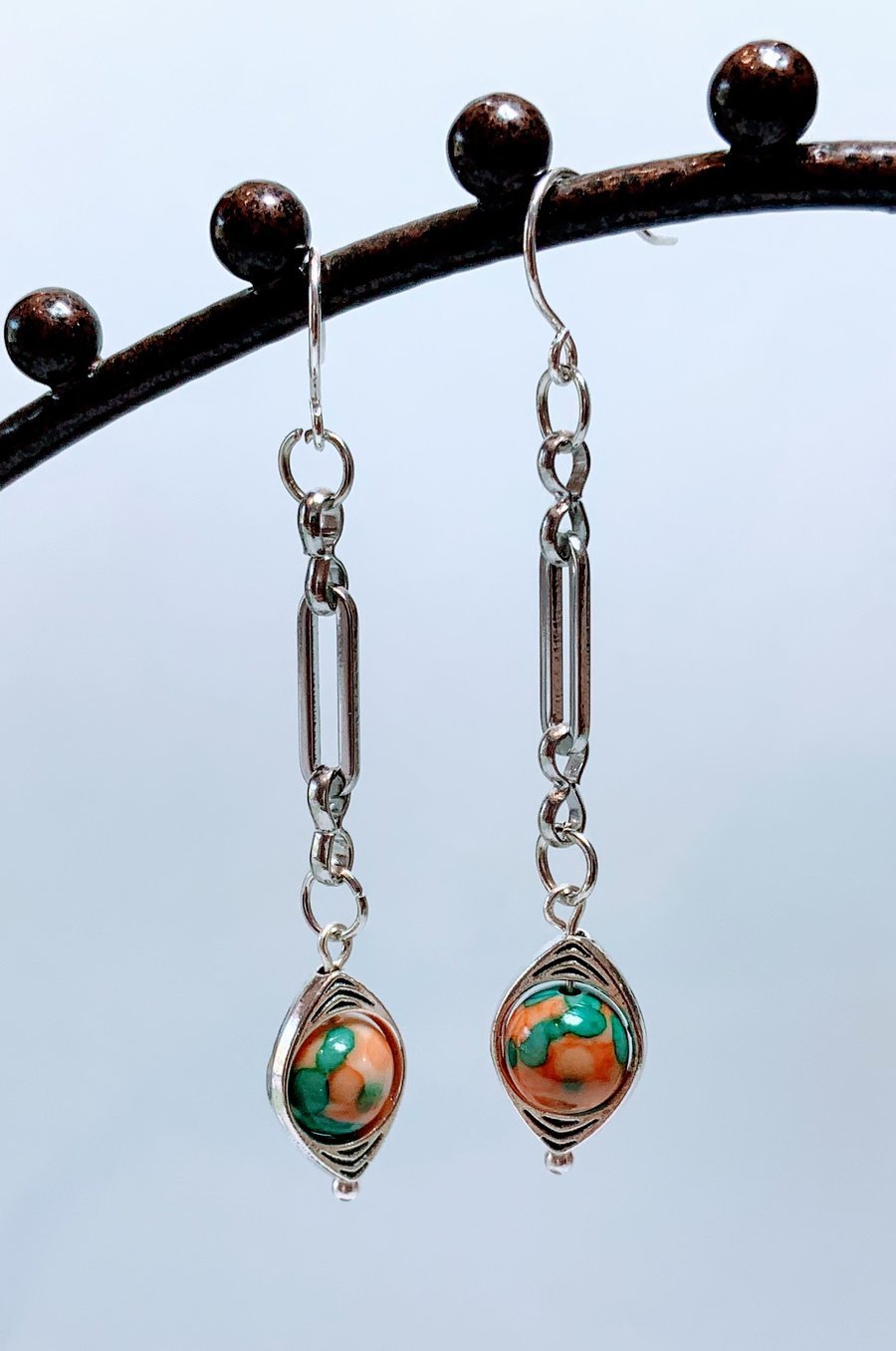 Silver Paperclip Chain Bead Earrings.