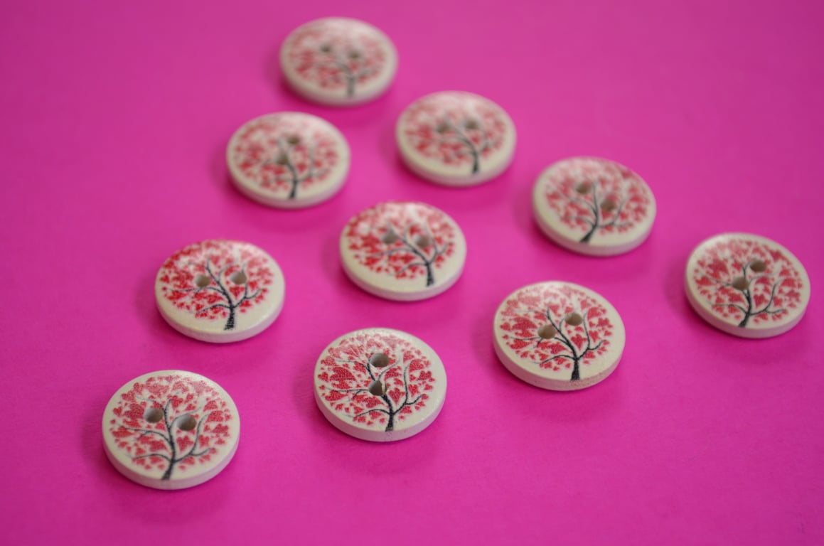 15mm Wooden Tree Buttons Red White 10pk Heart Leaves (ST13)