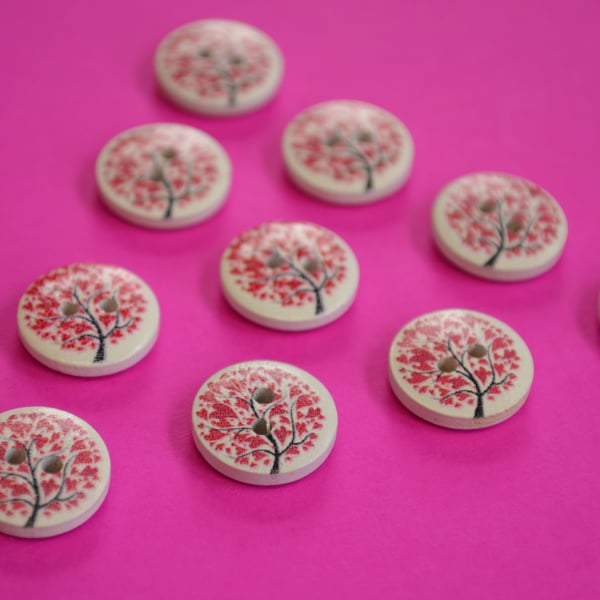 15mm Wooden Tree Buttons Red White 10pk Heart Leaves (ST13)