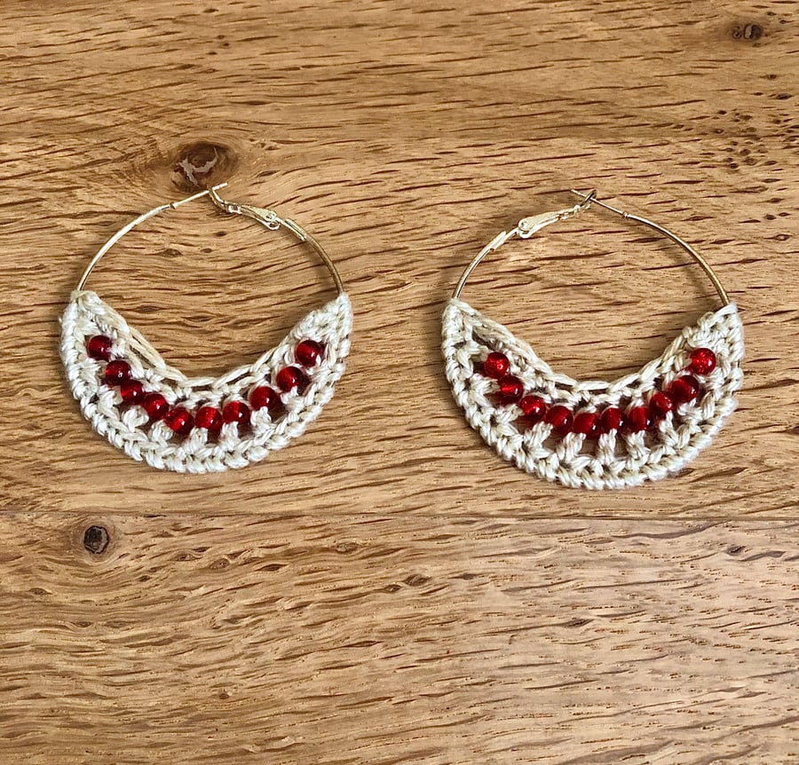 Hello July...silver plated hoop earrings with crochet and ruby design.