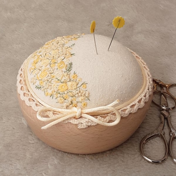 Hand embroidered cupcake pin cushion, hand sewn unique pincushion gift