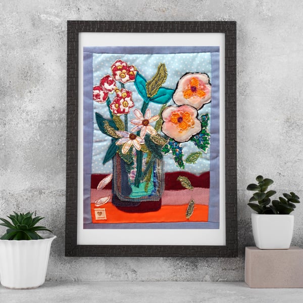 Fabric Collage - Floral Arrangement in Vase