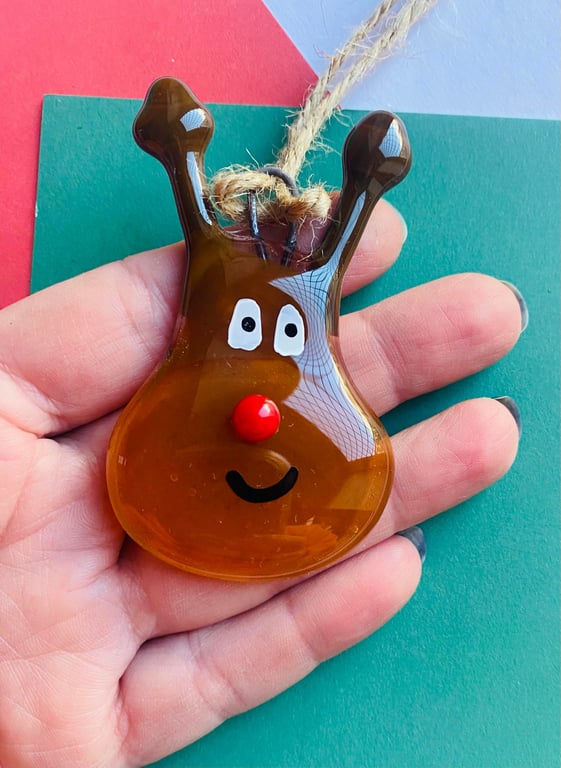 Fused Glass Reindeer Christmas Hanging Decoration