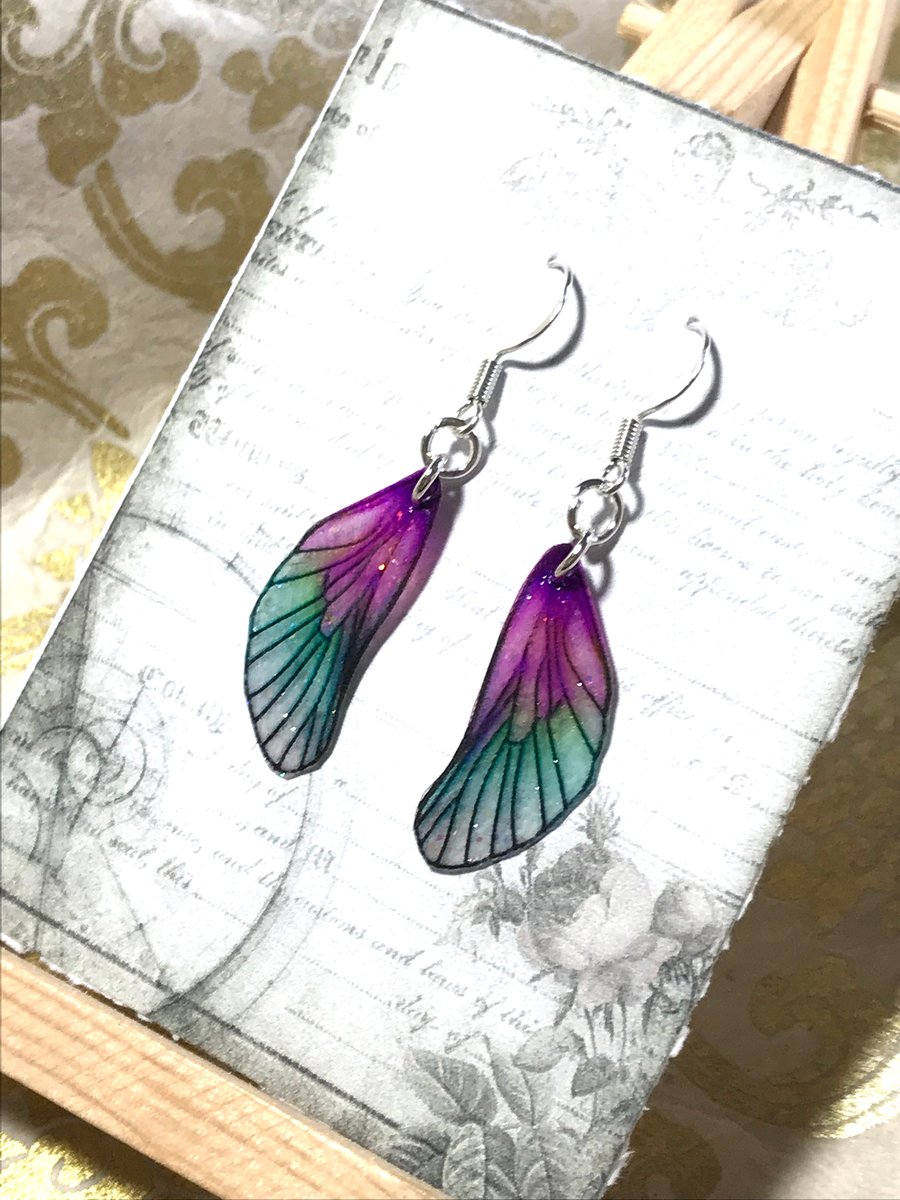 Glittery Purple and Green Sterling Silver Fairy Wing Earrings
