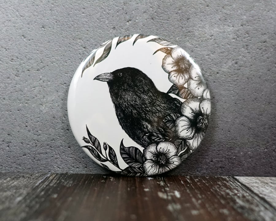Raven, Crow Illustration, Pocket Mirror, Botanical, Gothic, Wicca, Alternative